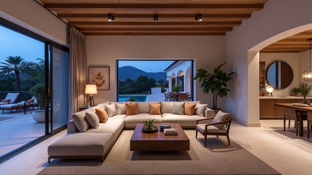 Welche Naturparks Costa del Sol? Luxuriöses Wohnzimmer mit Abendlicht, spanischem Design & Terrasse – ideal für Entspannung nach Vergleichen.