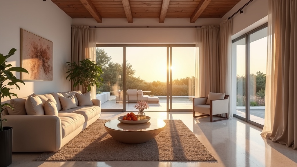 Luxury living room with natural light, contemporary furnishings & terrace. Immobilien nahe Naturparks Costa del Sol.