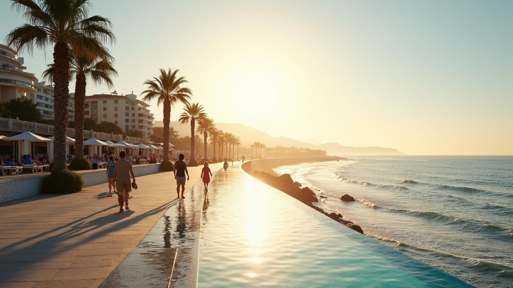 Kustlivsstil på Costa del Sol med palmer och hav i morgonljus. Njut av medelhavsklimat med flest soltimmar per år Costa del Sol.