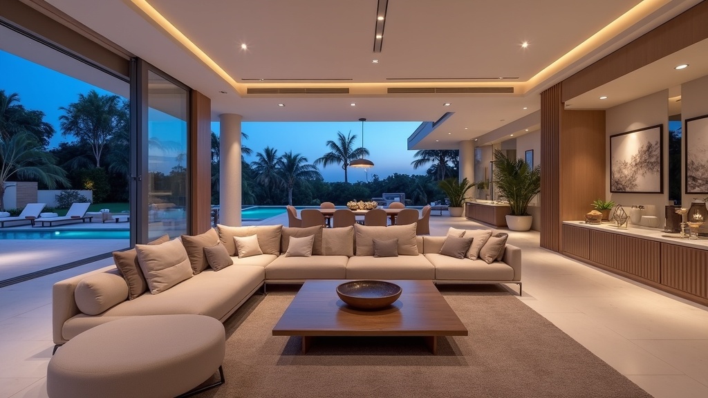 Marbella lyxig vardagsrum med blått ljus, exemplifierar design i mikroklimat Costa del Sol för jämförelse.