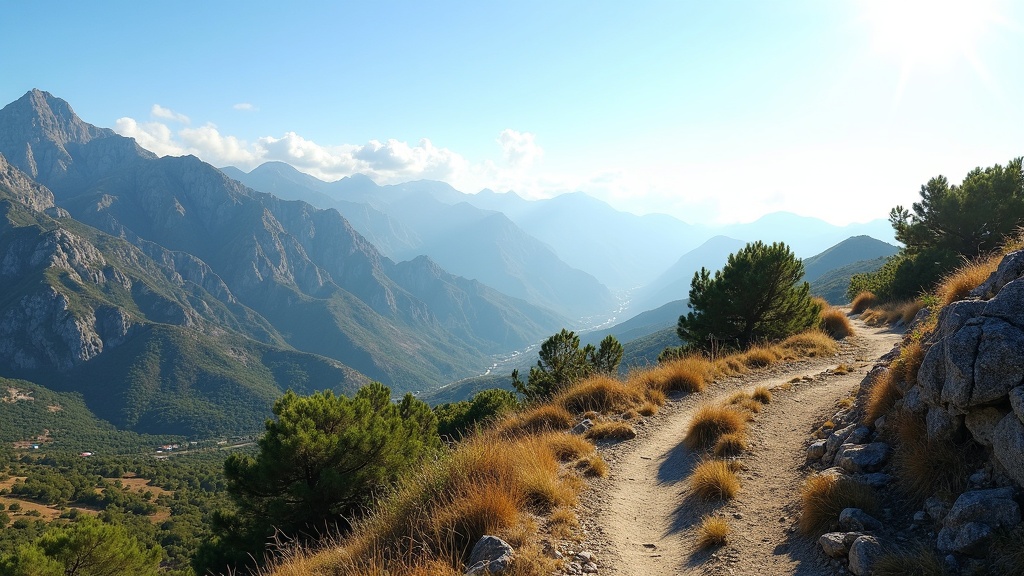 Sköna vyer över skyddade naturområden Costa del Sol. Vandringsleder i Sierra Blanca bland berg och sol.