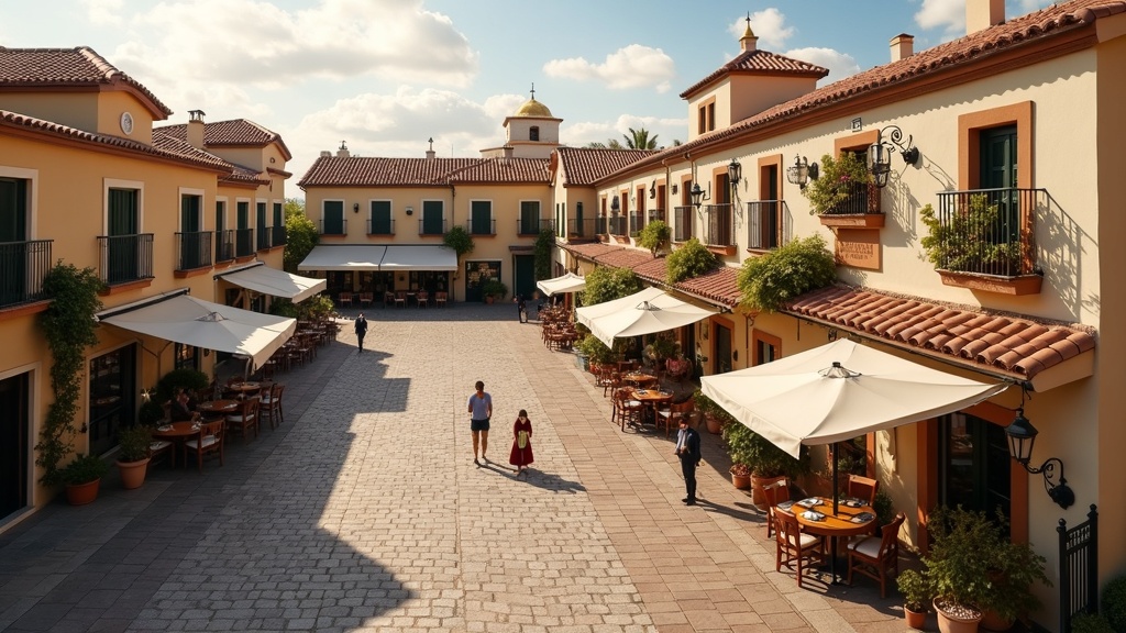 Flygfoto över charmig spansk plaza i Costa del Sol, belyser vandringsleder och bergsområdenas livsstil.