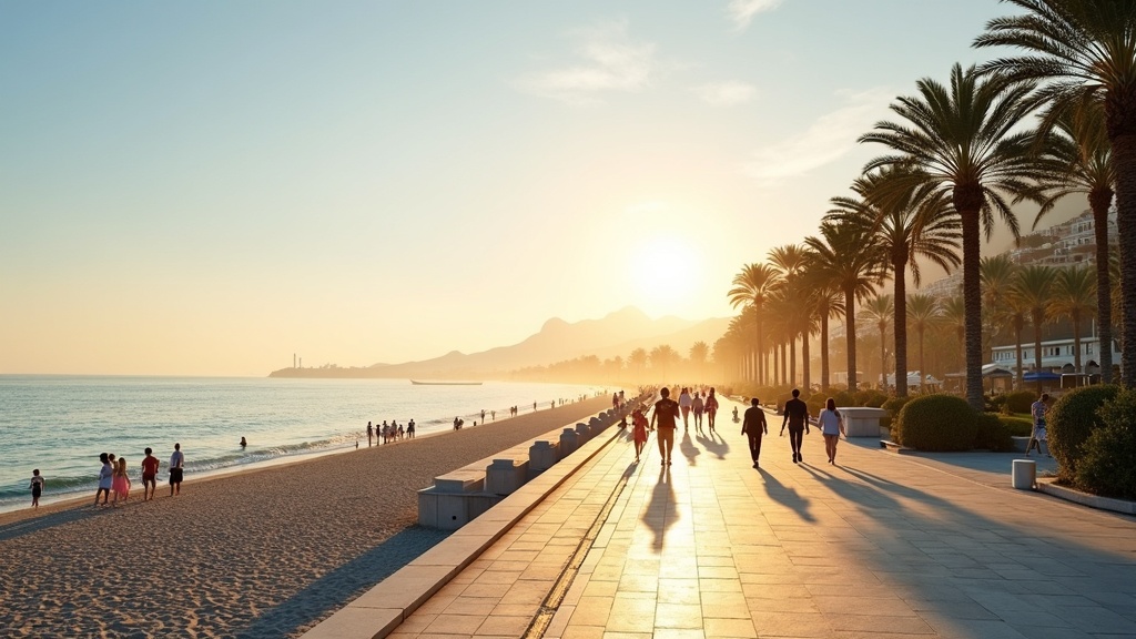 Kystlivsstil med utendørsaktiviteter hele året i middelhavsklima Costa del Sol: strandpromenade, palmer, folk i morgensolen.