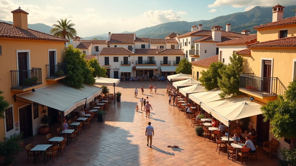 Costa del Sol town square: traditional architecture, alfresco dining, evoking a sunn livsrytme frisk luft solenergi lifestyle.