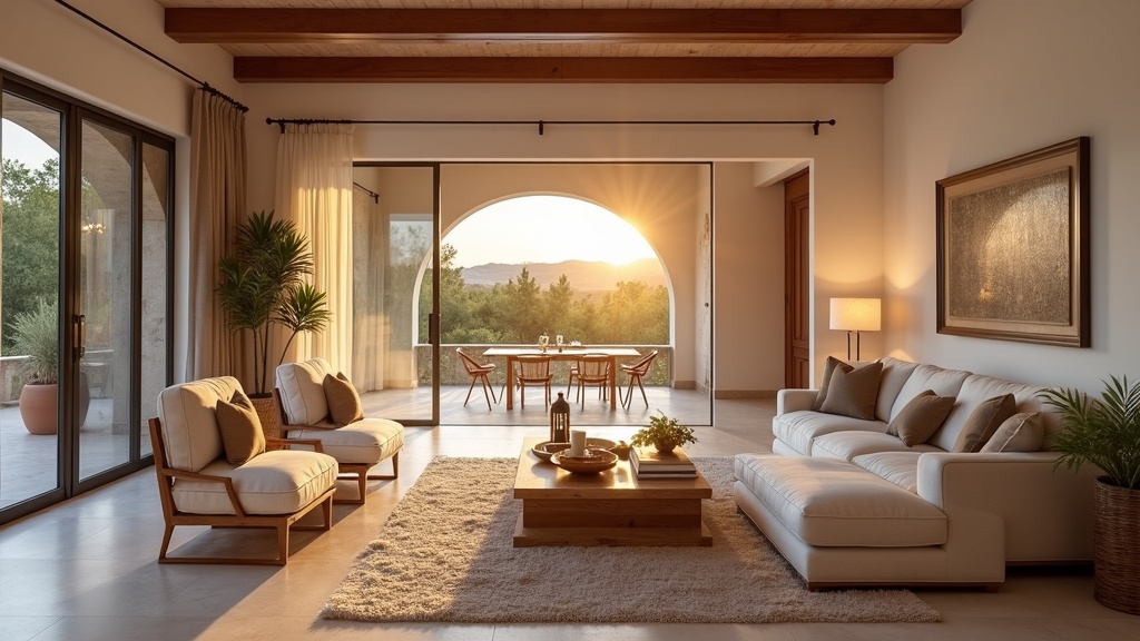 Luksuriøs stue på Costa del Sol: romslig, moderne interiør med terrassetilgang, perfekt for rekreasjon og avslapning etter tennis padel yoga på stranden.