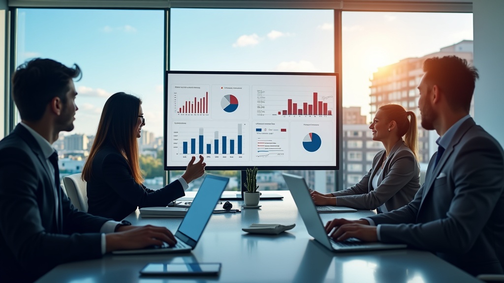 Business professionals analyze data on the Costa del Sol Real Estate Market in a modern office with skyline views and digital displays.