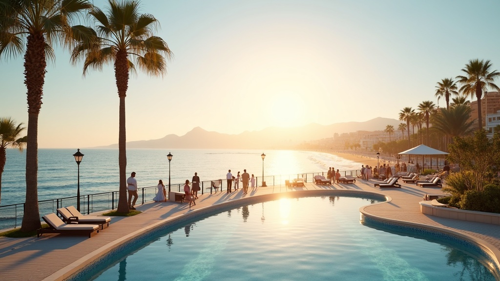Kystbyer med havutsikt hav og fjell i samme panorama Costa del Sol: Folk nyter morgenlys på en palmesatt strandpromenade.