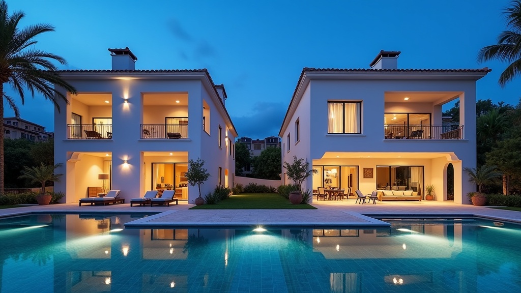 Marbella Estepona luksusleiligheter: Kveldssyn av to ulike boligtyper på Costa del Sol, sammenligner interiør, arkitektur for hav/fjellutsikt.