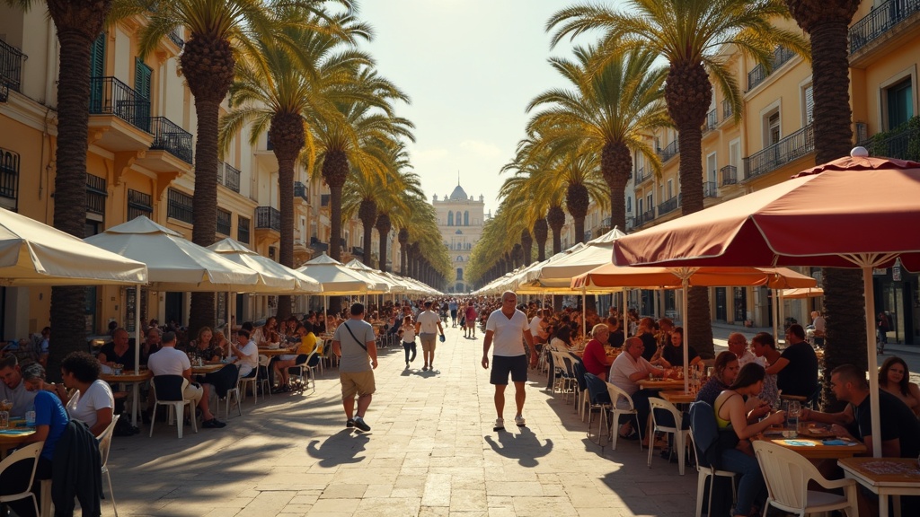 Málaga market scene: expats enjoying café culture under palm trees. Experience coastal living & Costa del Sol connectivity near Málaga Airport.