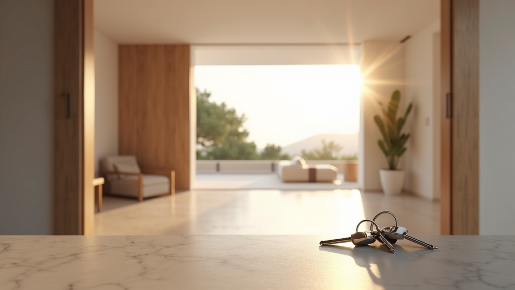 Move-in ready modern Málaga Airport property, Costa del Sol real estate 2025. Luxurious interior, keys on table, professional consultation.