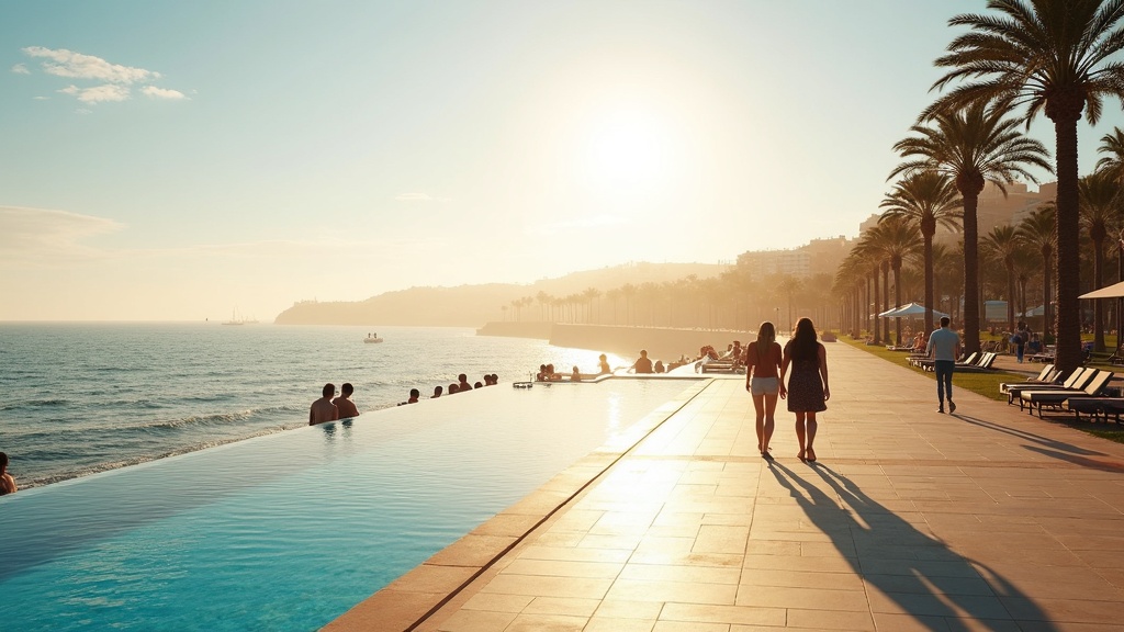 Jakość powietrza Costa del Sol: Promenada, palmy, spacerowicze i piękne morze w porannym słońcu. Ciesz się życiem!