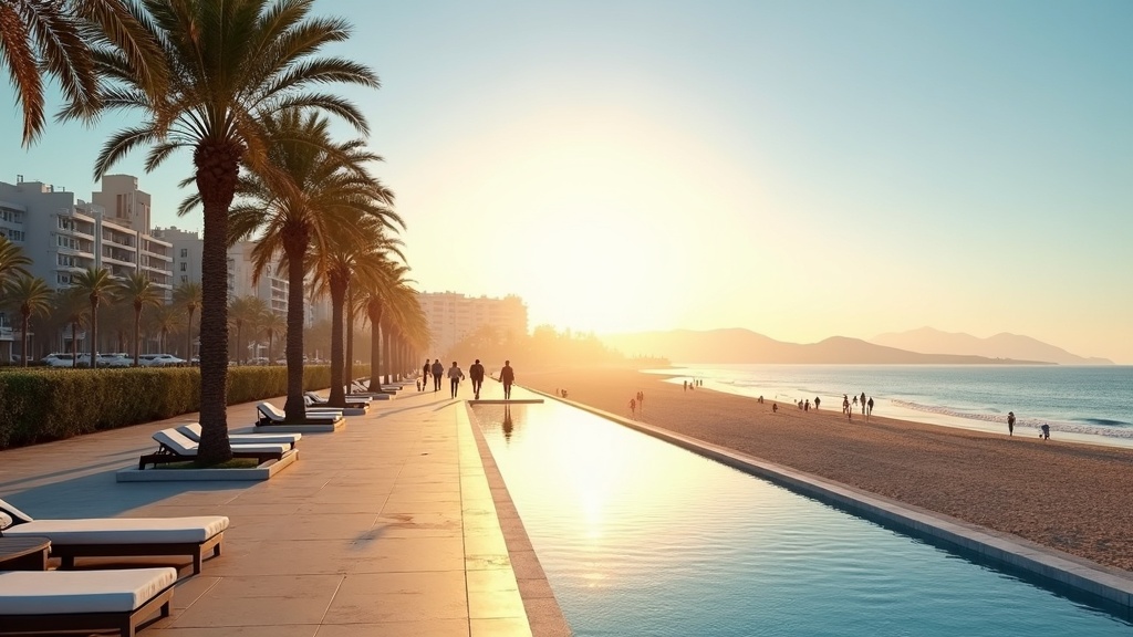 Outdoor-Aktivitäten Costa del Sol: Küstenpromenade mit Palmen, Menschen und Mittelmeer bei Morgenlicht, inspiriert zum Outdoor-Leben.