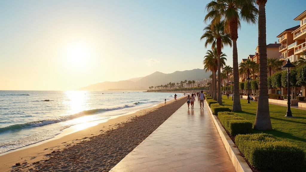 Genieße das mediterrane Klima Costa del Sol: Flora & Fauna entlang der Strandpromenade im goldenen Morgenlicht.