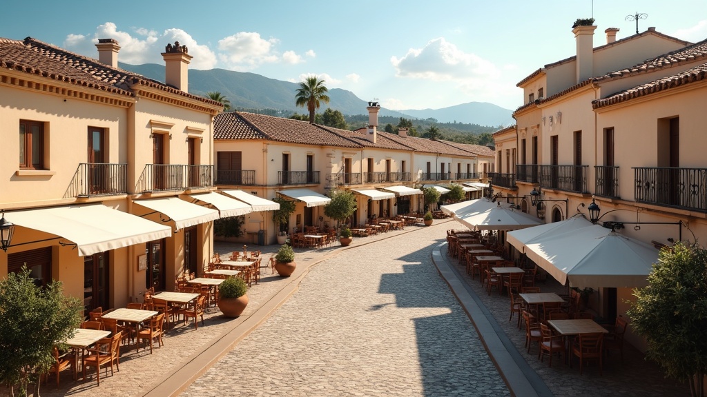 Charming Costa del Sol plaza with historic architecture and outdoor dining, showcasing resilient vegetation despite geringe Niederschläge Costa del Sol Vegetation Tierwelt.