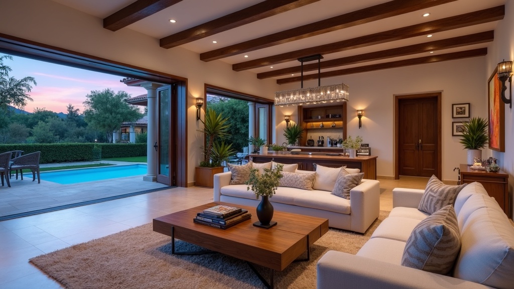 Luxuriöses Wohnzimmer an der Costa del Sol: artenreiche Vegetation Costa del Sol mediterranes Klima, spanisches Wohndesign.