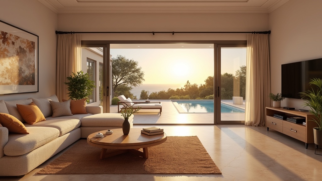 Matalan ylläpidon modernit asuinalueet: Andalusian ylellinen olohuone, terassi, auringonlaskuvaloa – yhteisöuima-allas ja spa.