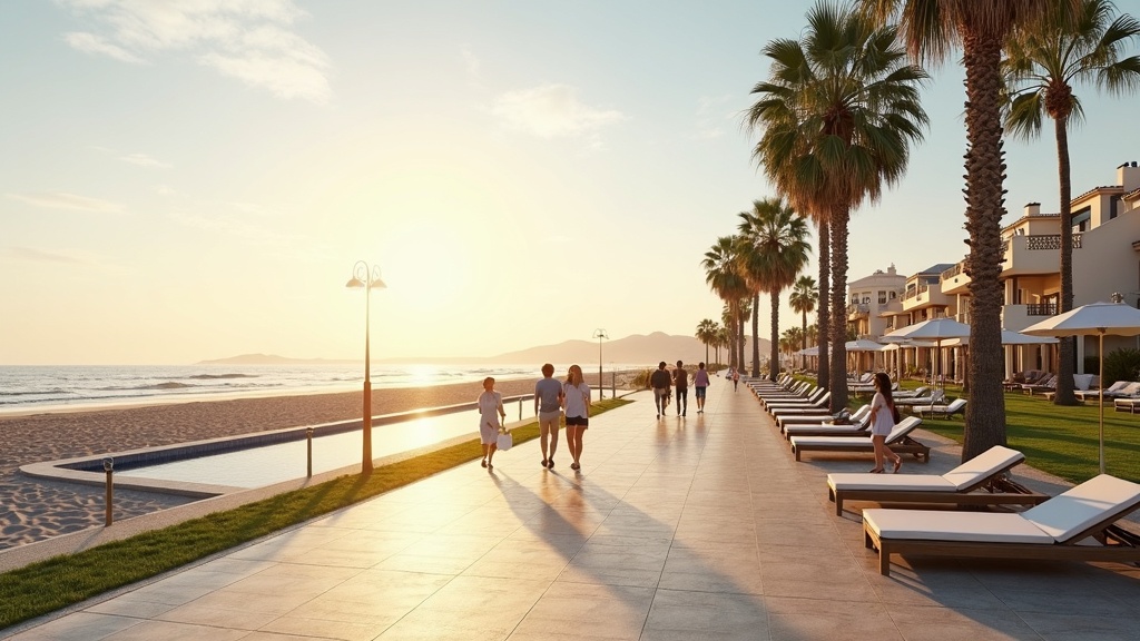 Villes côtières Costa del Sol vues mer montagne: promenade ensoleillée, palmiers et Méditerranée, style de vie côtier idyllique.