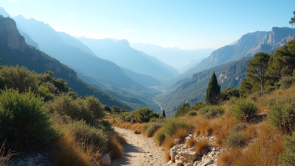 Panorama naturel exceptionnel Costa del Sol: Montagnes Sierra Blanca, sentiers de randonnée sous le soleil éclatant. Immersion nature.