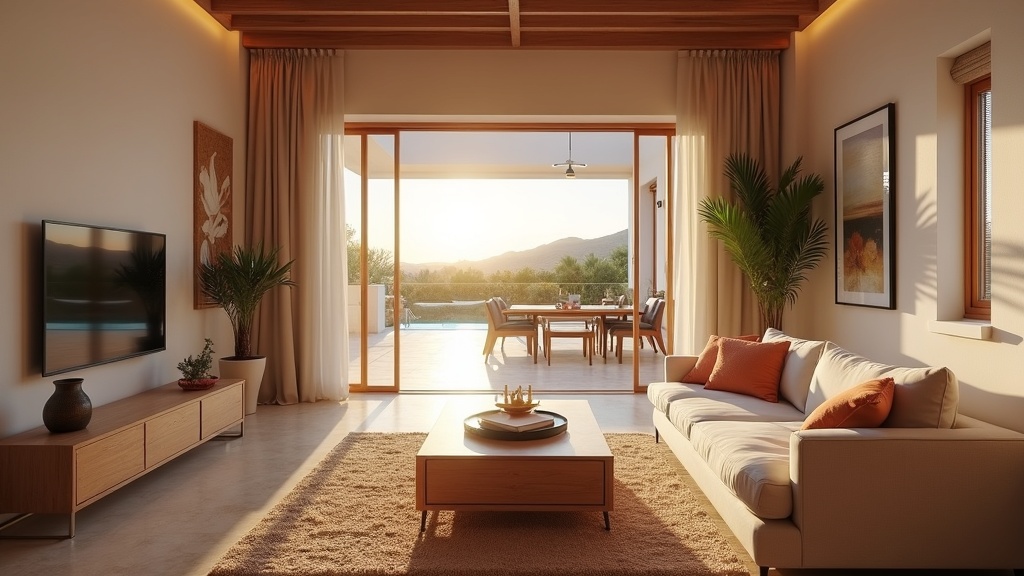 Investir investissement résidence secondaire Costa del Sol vues mer montagne: Salon luxueux avec lumière du soleil, design espagnol, accès terrasse.