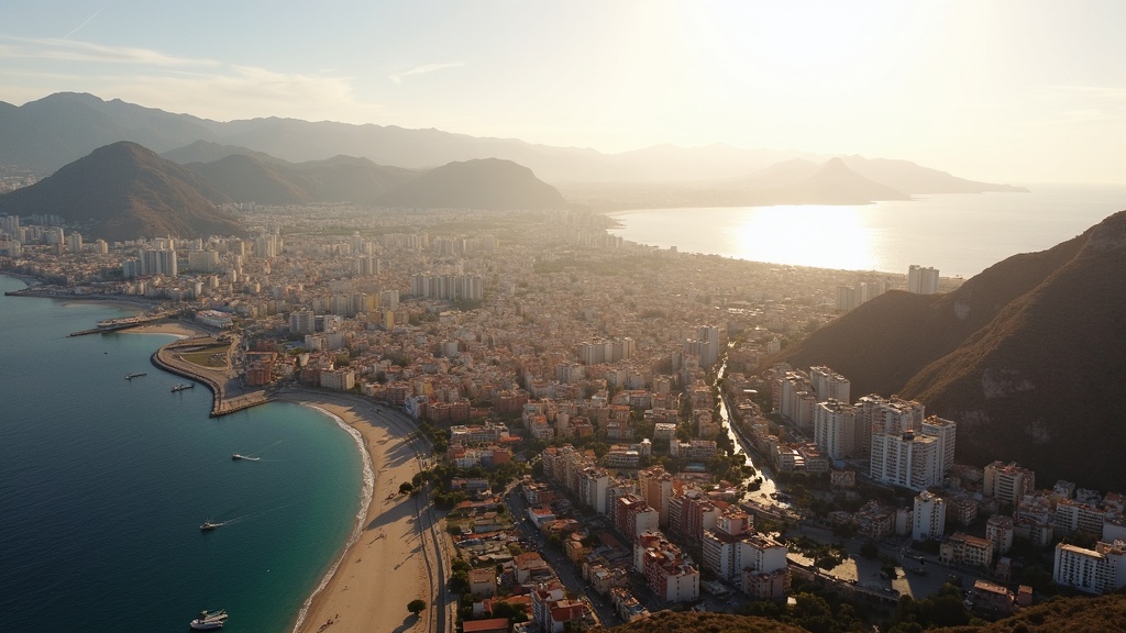 Panoramautsikt over Málagas naturområder Costa del Sol ved soloppgang, med kystlinje og fjell i bakgrunnen.