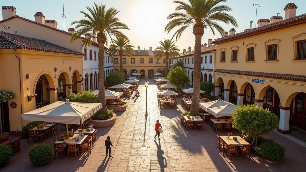 Luftfoto av sjarmerende spansk plaza med utendørs servering, reflekterer natur og rekreasjon Costa del Sol livskvalitet.