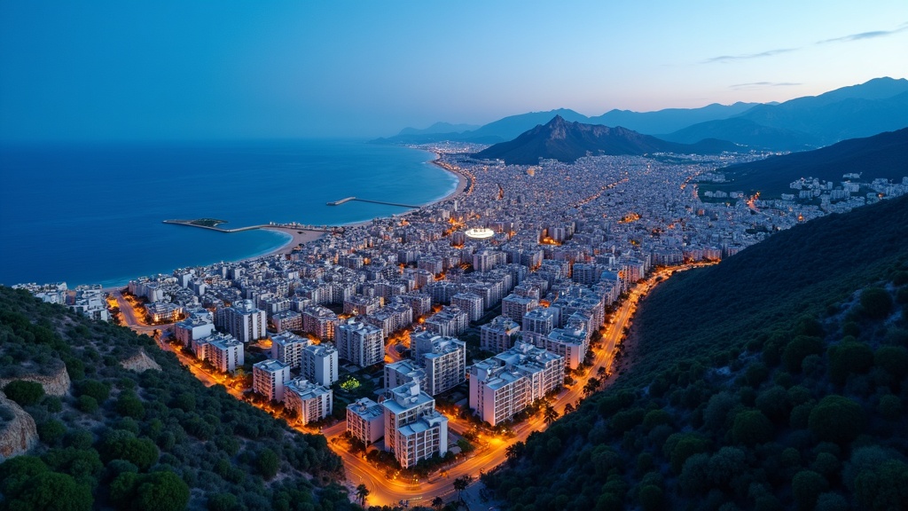 Luxurious holidays in Costa del Sol: Aerial view of coastal town, beaches, mountains at dusk, inspiring lifestyle.