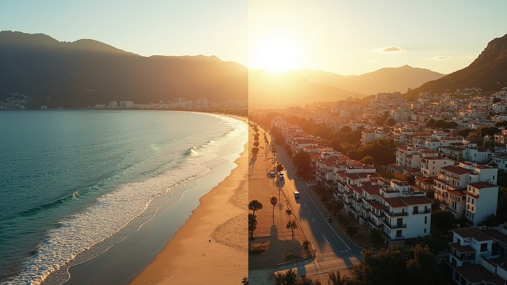 Conceptual split-screen showing diverse Costa del Sol locations at sunset, inspiring the best time to visit.