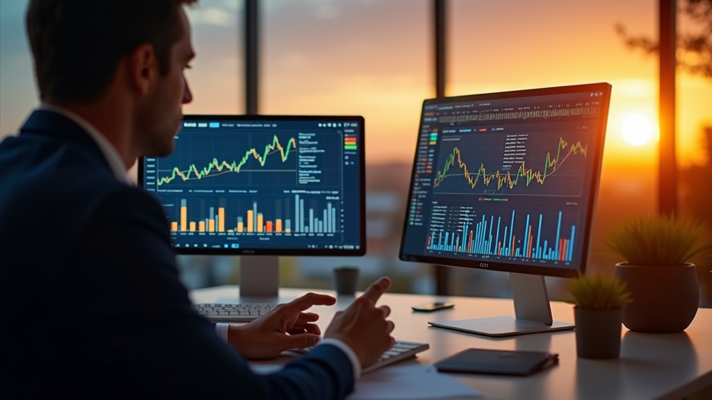 Investment analysis for Costa del Sol luxury villas: consultant reviews ROI charts in modern office with sunset glow.