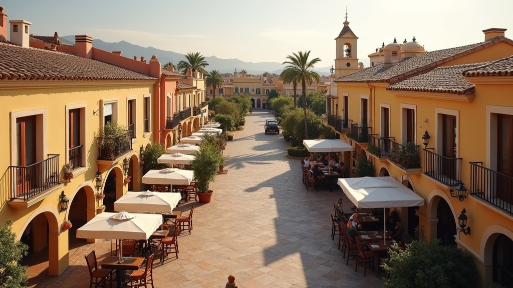 Luksus spa-hoteller Costa del Sol: charming plaza, vibrant outdoor dining, and Spanish lifestyle in soft light.