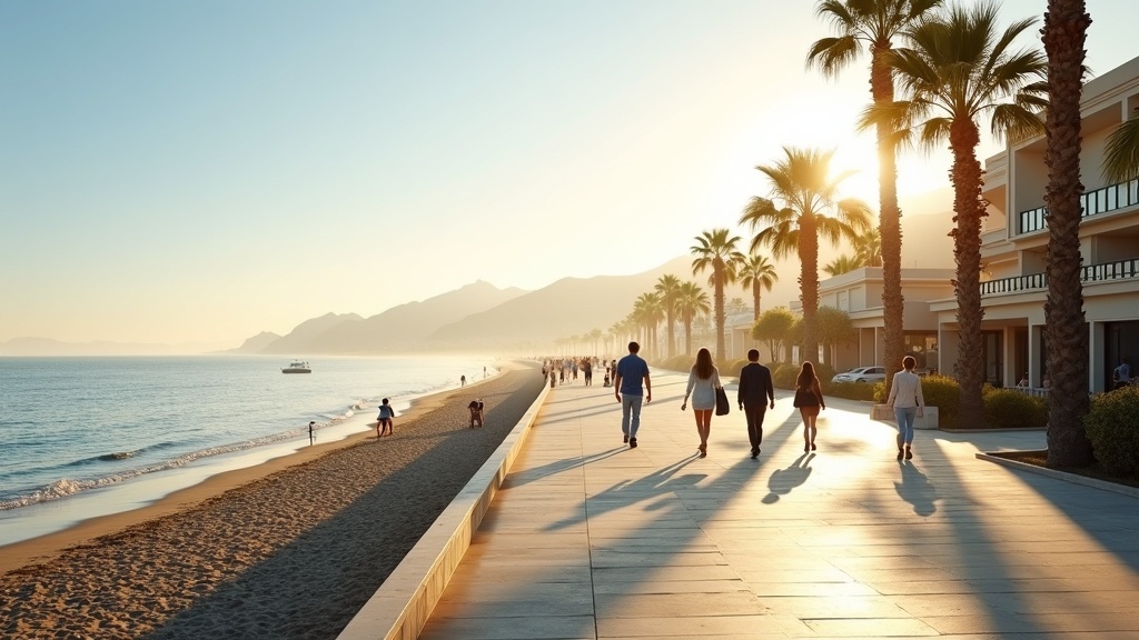 Wettermerkmale Costa del Sol: Goldene Morgensonne auf einer lebhaften Strandpromenade mit Palmen und Spaziergängern.