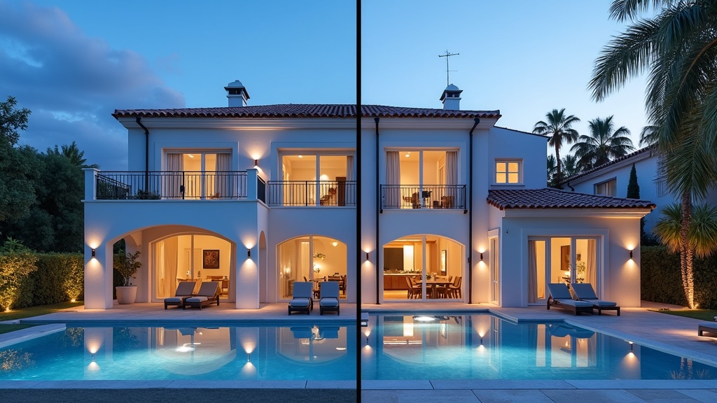 Sommer- & Winterklima Costa del Sol Vergleich: Luxusvillenstile, Grundrisse, und Preise abends.