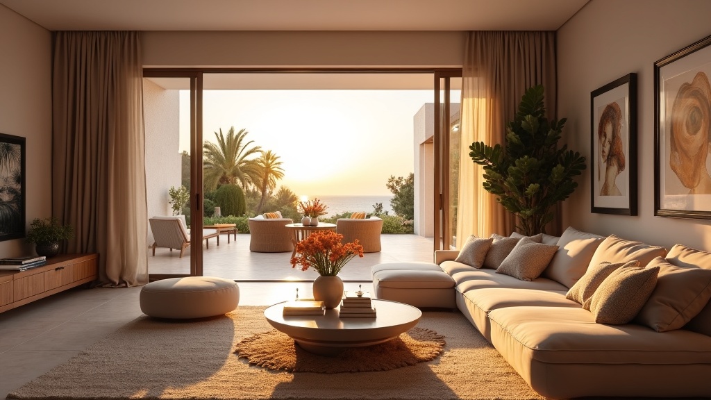 Andalusian luxury living room: Outdoor-Lifestyle Costa del Sol, mediterranes Mikroklima Gesundheit. Elegant interior, sunset glow, terrace access.