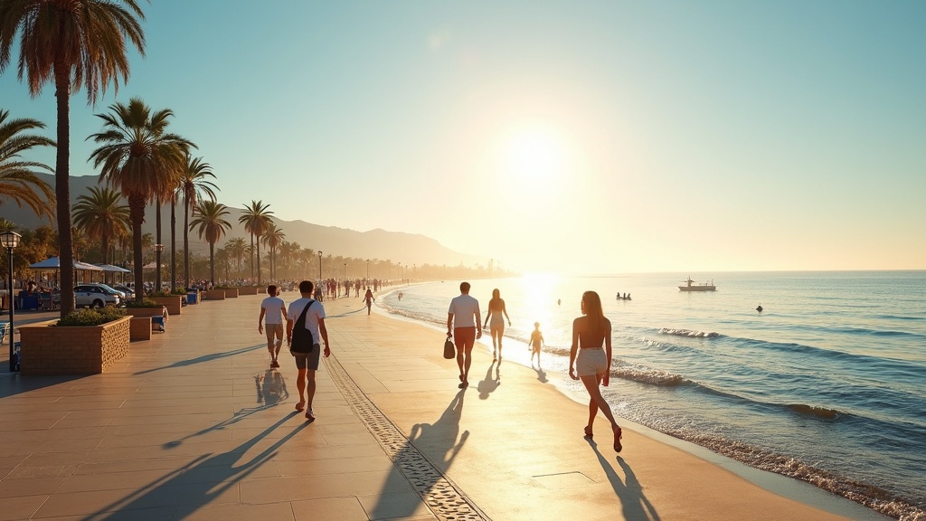 Coastal lifestyle: beach promenade, palm trees & people enjoying the climat méditerranéen Costa del Sol, 320 jours de soleil par an.