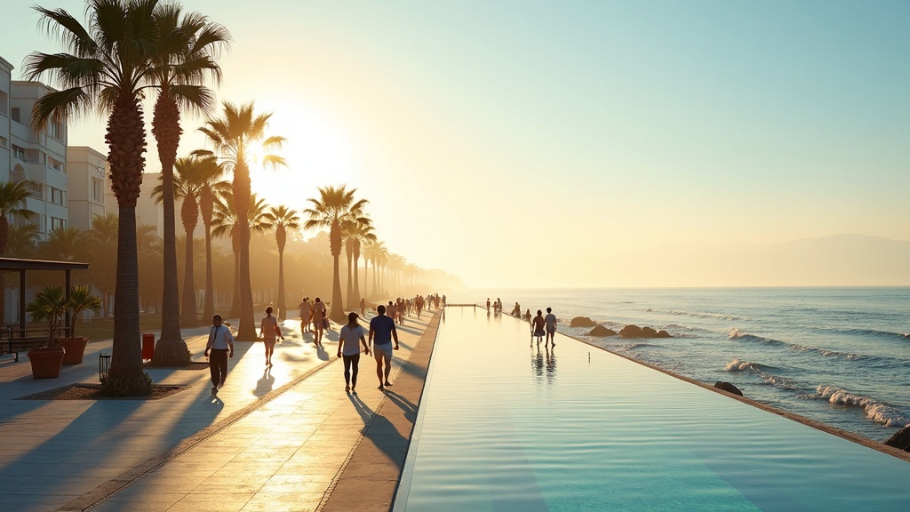 Bølgende hav og palmer ved morgengry: Middelhavsklima og natur Costa del Sol inspirerer til kystliv.