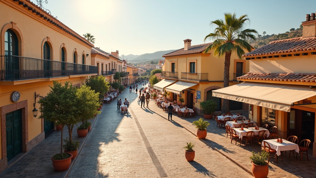 Oplev charme og middelhavsplanter og træer Costa del Sol i en billedskøn bymidte med livlig atmosfære og blødt eftermiddagslys.