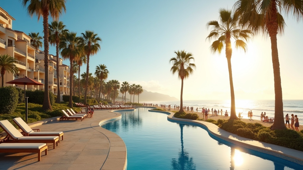 Rannikkokaupungit Costa del Solilla merinäköala ja vuoristomaisemat: Ihmiset kävelevät auringon valaisemalla rantapromenadilla.