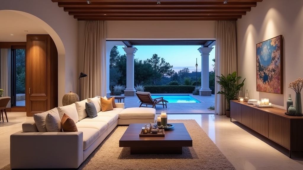 Torremolinos Sotogrande Costa del Solin rannikkokaupungit vertailu: Luxus-olohuone terassilla, iltavalo, vertailee elämäntyylejä.