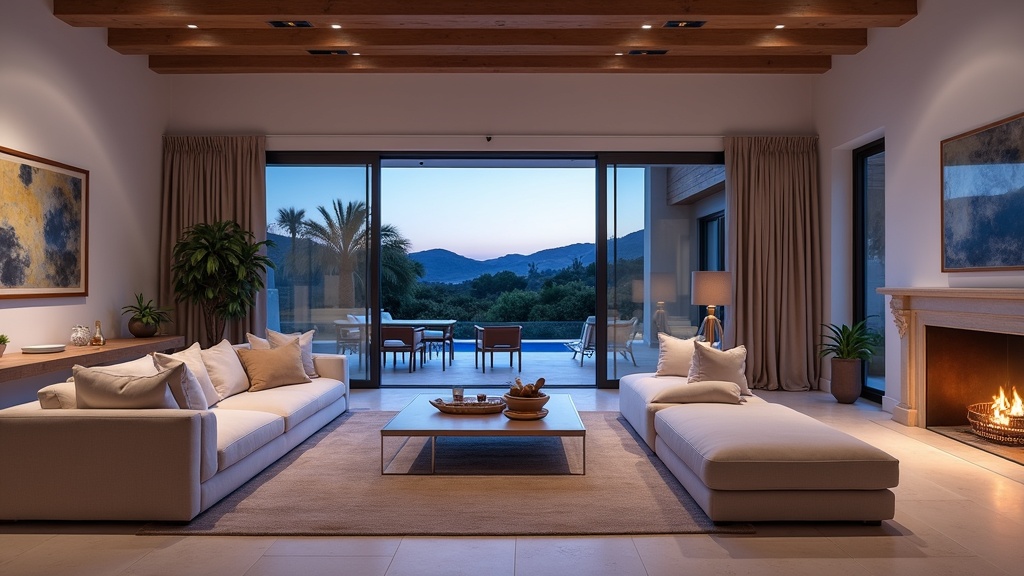 Sierra de Mijas természetvédelmi terület Costa del Sol közeli luxus spanyol otthon nappalija, tengerparti ökoszisztéma hangulat.