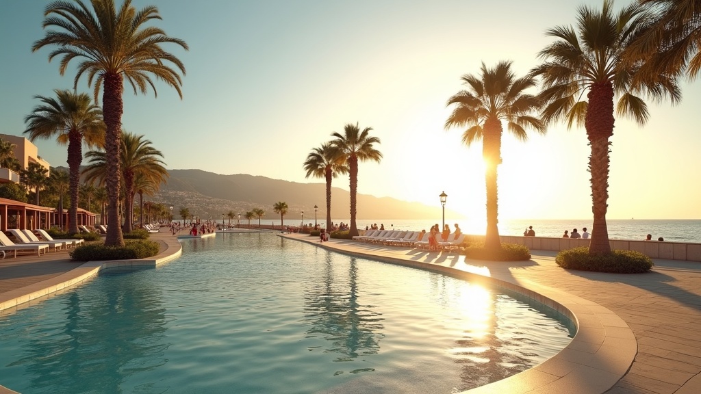 Nyd kystlivet nær naturparker Costa del Sol: Palmer, strandpromenade og Middelhav i morgenlyset.