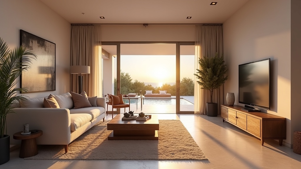 Luksuriøs stue med spansk design på Costa del Sol, der komplementerer økoturisme og bæredygtig turisme i Spaniens beskyttede naturområder.