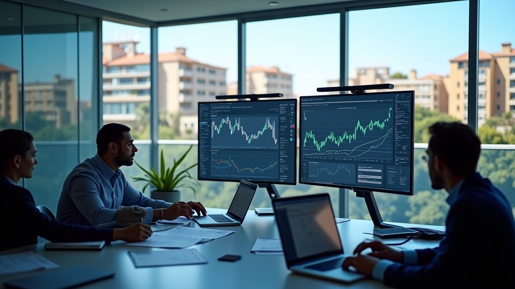 Des professionnels analysent le marché immobilier de la Costa del Sol dans un bureau moderne, avec des vues sur la skyline et des affichages de données.