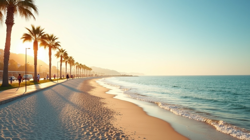 Livlig strandpromenade med palmer i morgenlys, perfekte udendørsaktiviteter året rundt, Middelhavsklima Costa del Sol.