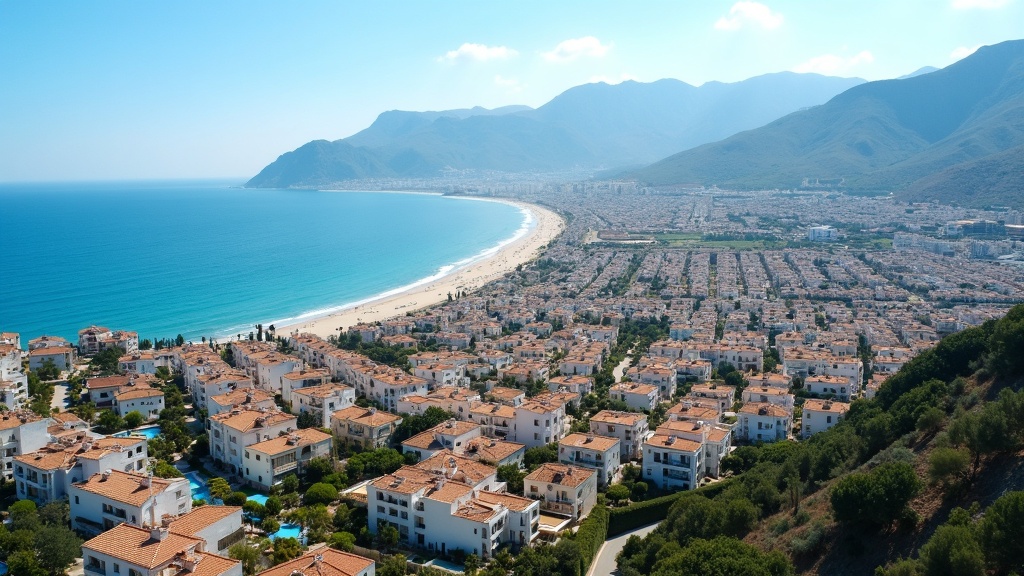 Aerial panorama capturing 320 solskinsdage om året natur og fritidsliv Costa del Sol: town, beaches, and mountains under bright sun.