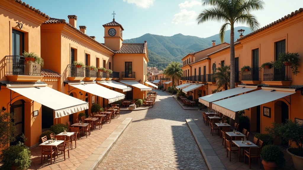 Charming Costa del Sol plaza at golden hour. Imagine golf ved havet, vandreture i bjergene, friluftsliv i solen here!