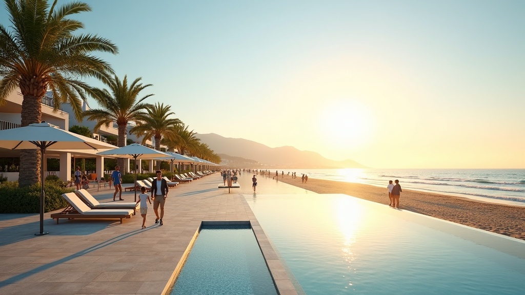 Zonsopgang aan de kust van de Costa del Sol, met wandelende mensen langs palmbomen. Ontdek de natuurparken Costa del Sol!