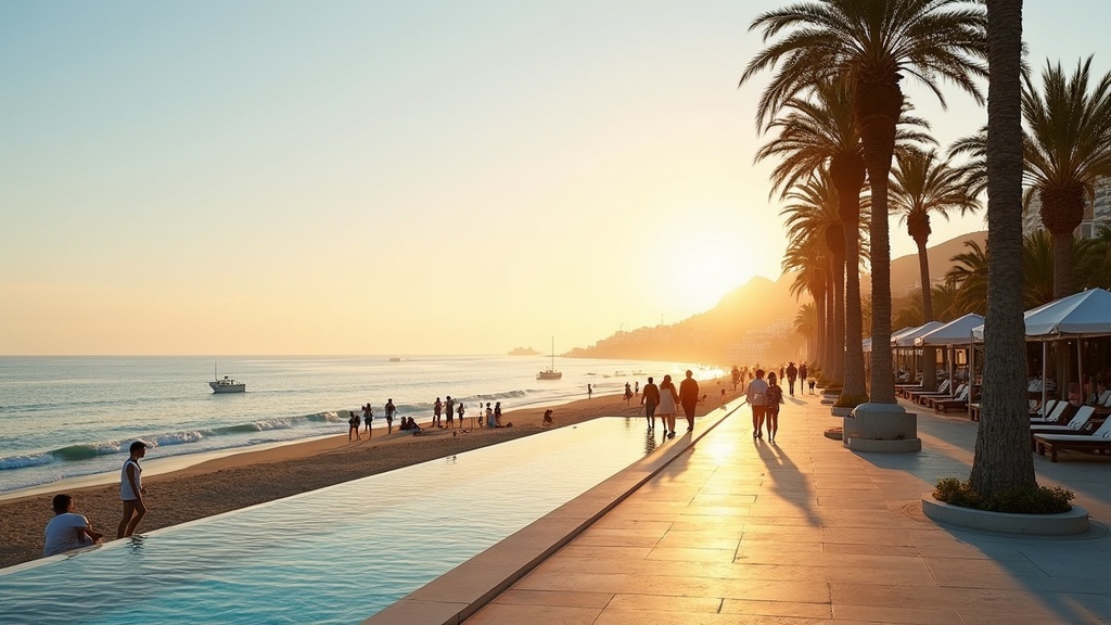 Vue matinale de la promenade côtière de la Costa del Sol, avec des palmiers et la mer Méditerranée. Idéal pour ceux qui envisagent un numéro NIE Espagne.