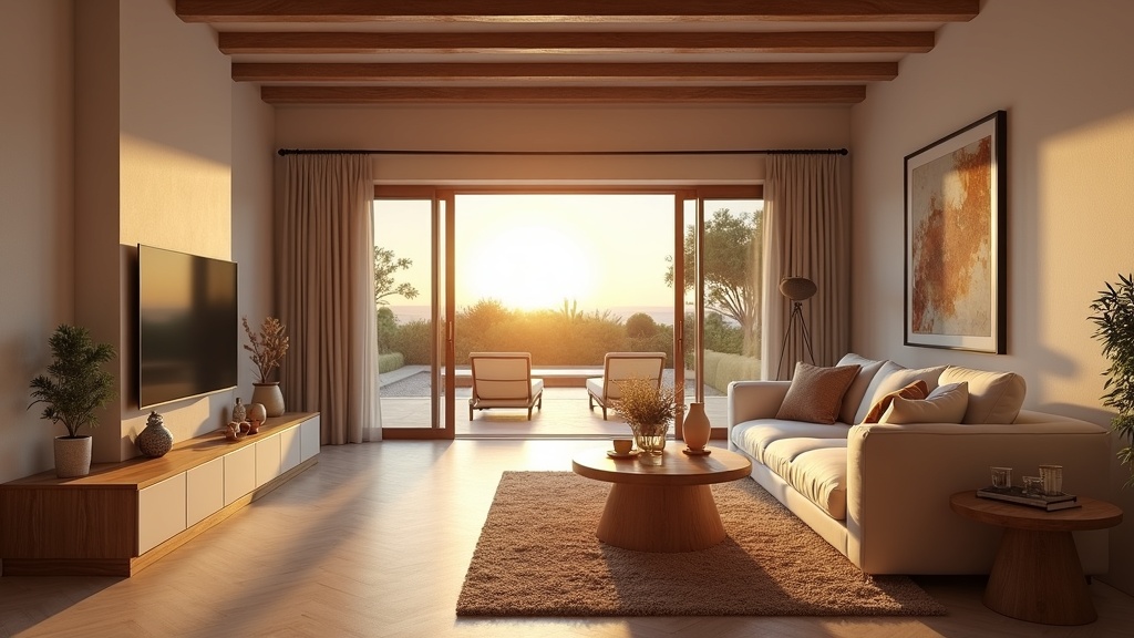 Luksusasunnon olohuone auringonlaskussa, josta vaellusreitit ja näköalapaikat Costa del Solilla ovat helposti saavutettavissa.