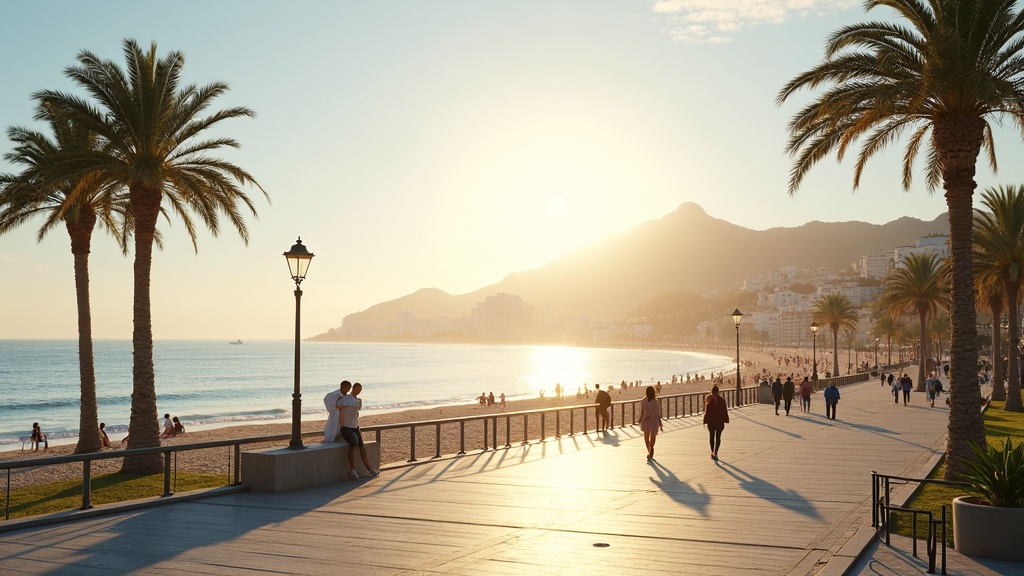 Morgenleuchten am Strand der Costa del Sol: Palmen, Spaziergänger und Mittelmeer, das perfekte Klima für ein erfülltes Leben.
