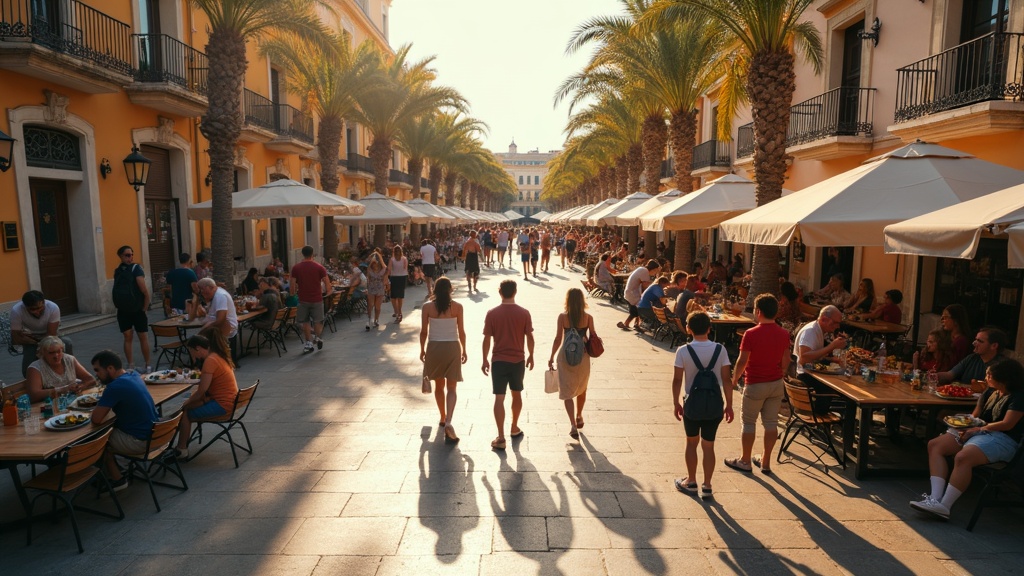 Outdoor-Lifestyle Spanien: Expats genießen mildes Winterklima, Meer & Sonne Vorteile auf belebtem Markt an der Costa del Sol.