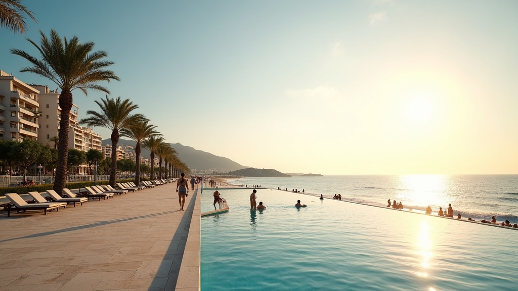 Coastal lifestyle on Costa del Sol: People stroll a palm-lined beach promenade with friss tengeri levegő and Mediterranean sea at sunrise.